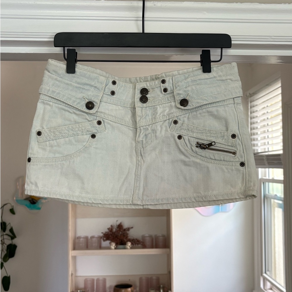 Y2K Jeans Peace Micro Mini Skirt - Pale Blue/Cream - Size L